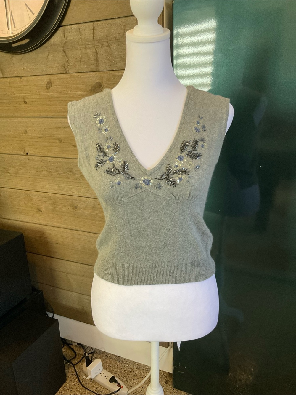 The Limited Light Gray Embellished V-Neck Sleeveless Sweater Vest